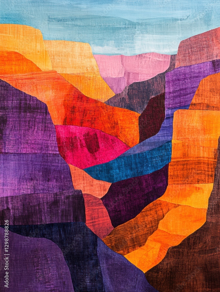 Poster vibrant abstract representation of canyon landscape with bold colors and textures. generative ai
