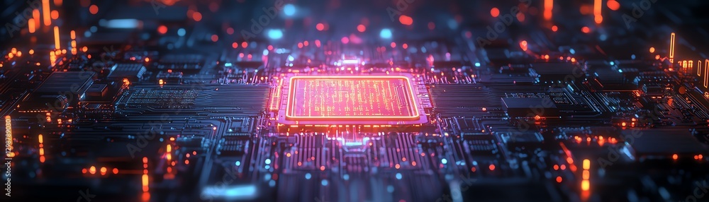 Poster advanced artificial intelligence concept futuristic cybernetic brain glowing with holographic circui