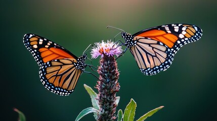 Fototapeta premium Two Monarch Butterflies Gathering Nectar on Vibrant Wildflower