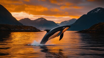 Fototapeta premium Majestic Orca Whale Breaching in Vibrant Sunset Over Calm Waters