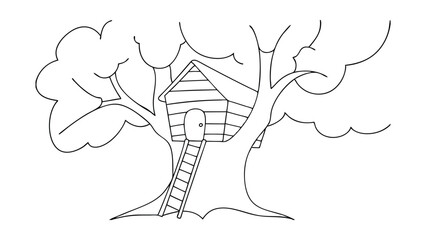 Fototapeta premium A simple line drawing depicts a small tree house built into a large tree. A ladder provides access. The style is minimalist and childlike.