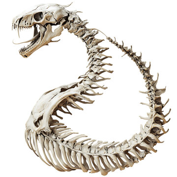 A feathered serpent skeleton, its bones twisted and curling, isolated on a white background.