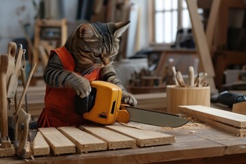 Cat in a workshop expertly dressed as a carpenter, focused on cutting wood with a saw in a creative setting. Generative AI
