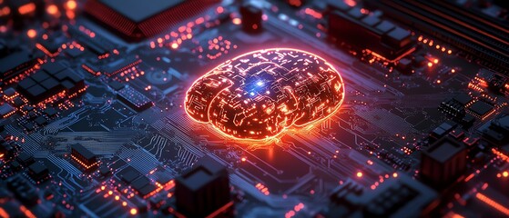 Futuristic AI concept glowing brain design seamlessly integrated into an intricate electronic circuit board