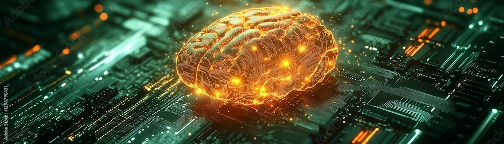 Poster futuristic motherboard infused with artificial intelligence radiant ai brain structure pulsing with 