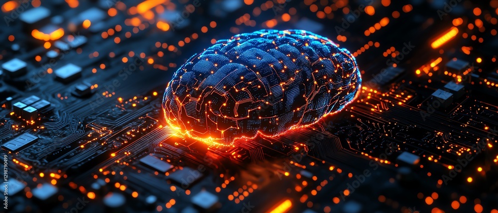 Poster glowing neural network brain seamlessly merging with a sophisticated electronic circuit board