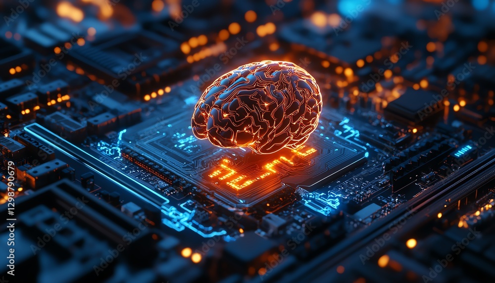 Aufkleber hyperdetailed futuristic tech scene luminescent ai brain structure floating over a complex motherboa