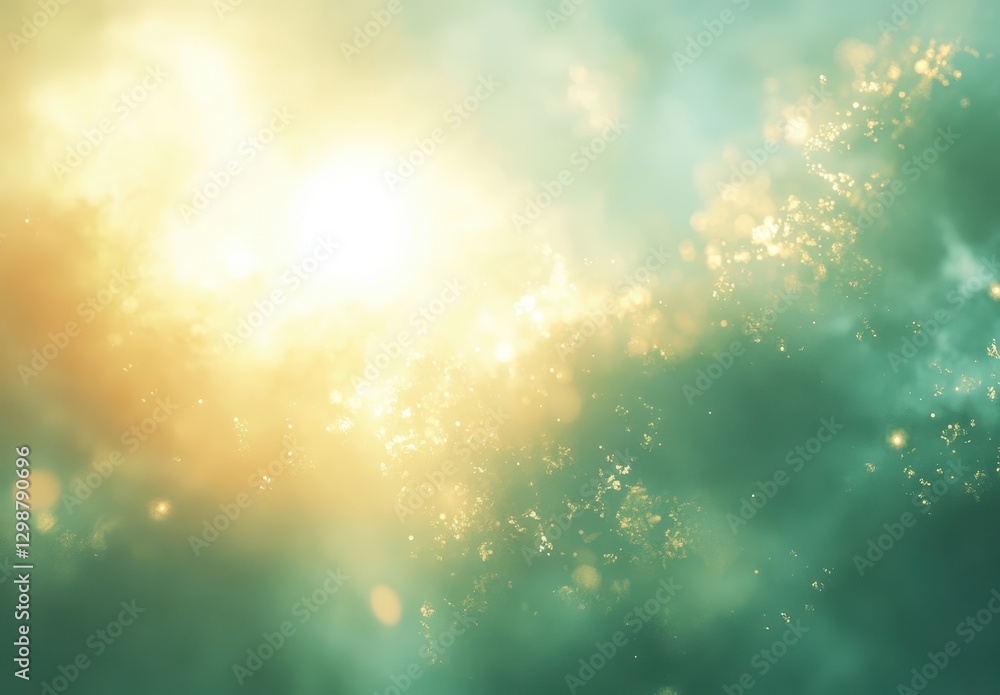 Poster soft glowing light and sparkling particles in a dreamy green atmosphere creating a magical and ether