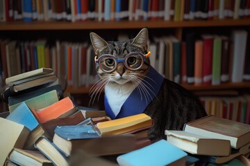Cat organizes a library in librarian glasses, surrounded by books and a world of imagination filled with stories. Generative AI