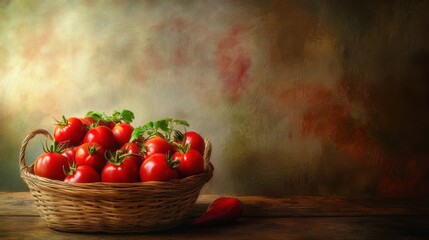 Basket of ripe tomatoes and peppers on a rustic table