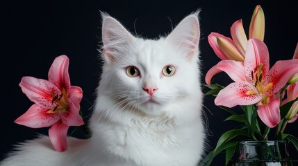 White Cat Surrounded by Pink Lilies on Dark Background for Pet Lovers