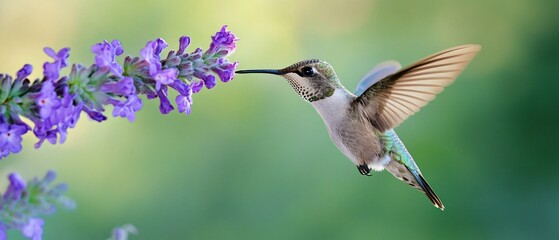 Obraz premium Exquisite Hummingbird with Purple Flower on Lush Green Background - Wildlife Photography for Creative Projects