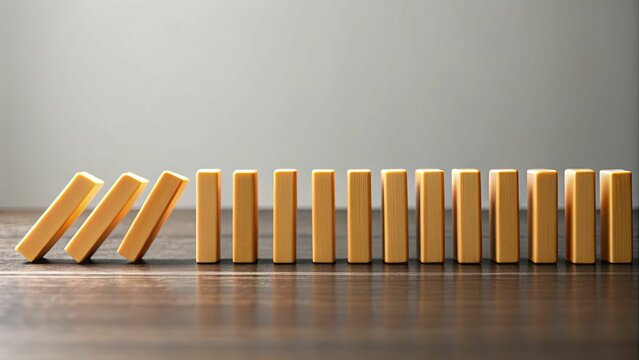 Row of standing dominoes begins to topple over on wooden surface.
