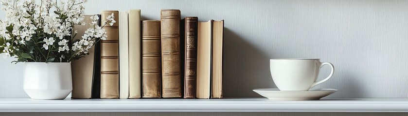 Organized bookshelf with books standing neatly upright on a white shelf