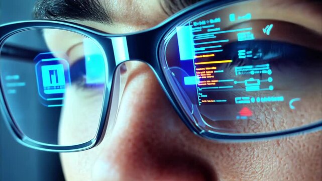 Close Up of Eyes Wearing Smart Glasses, Digital Data and Technology Innovation in Futuristic Augmented Reality Experience