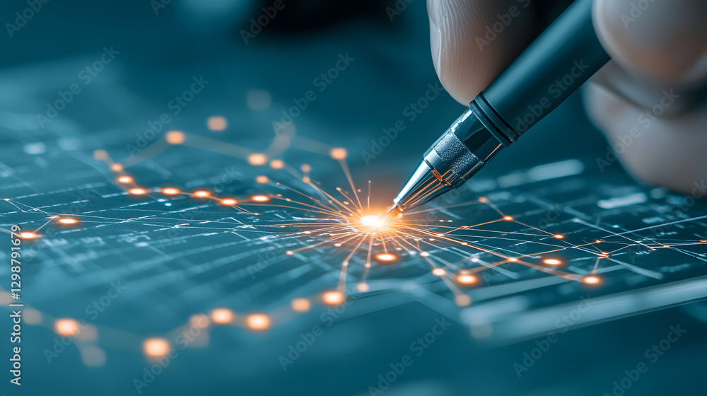 Poster close-up of a hand holding a pen over a digital network interface