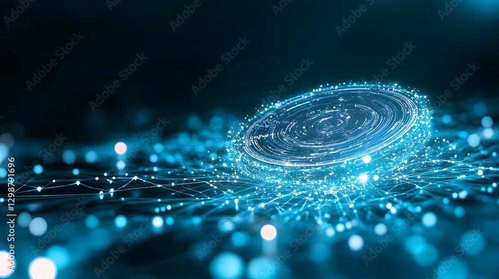 Aufkleber digital coin surrounded by glowing particles on a dark background