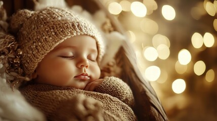 sleeping baby in knitted hat cozy winter scene