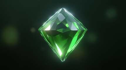Shiny green diamond-shaped gemstone on dark background with elegant facets