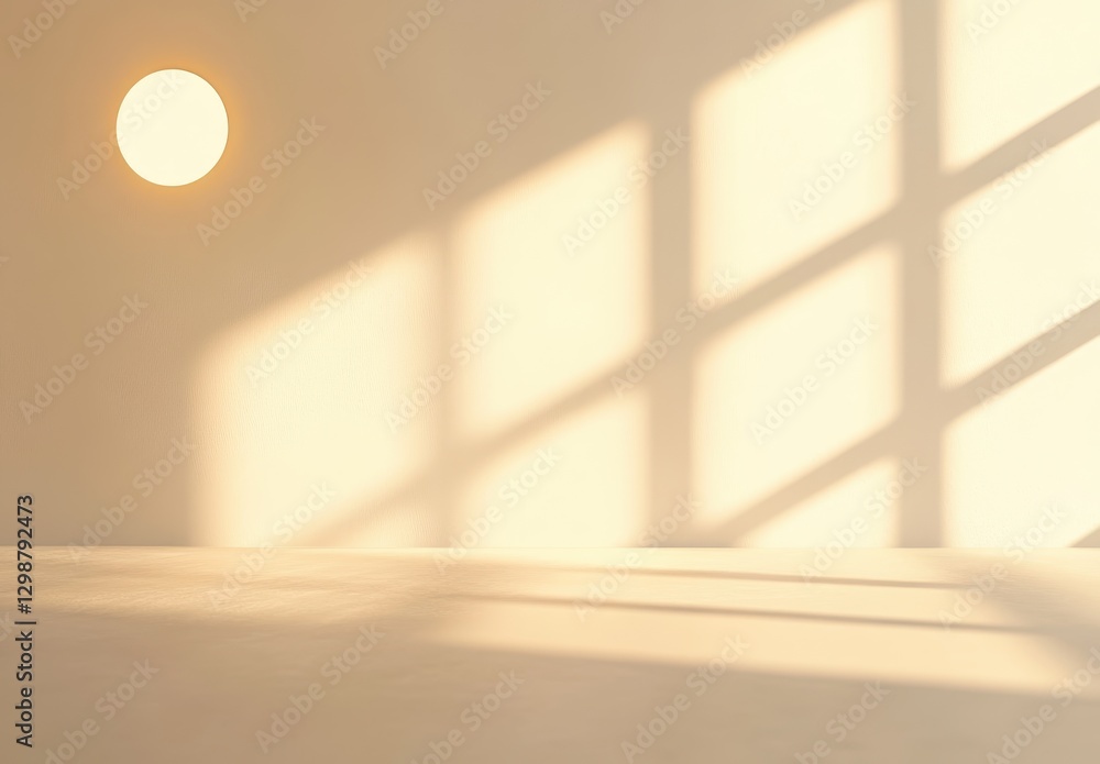 Poster soft light reflection in minimalist room with circular sunlight and abstract shadow patterns on neut