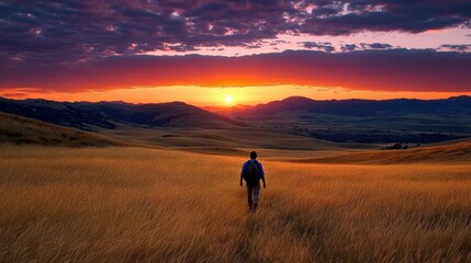 Serene Sunset Over Rolling Hills With Hiker Embracing Nature's Beauty