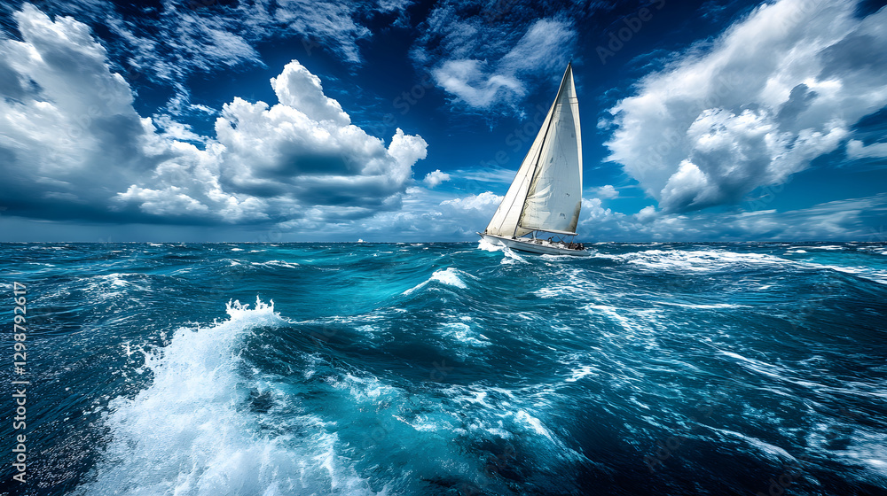 Poster sailboat navigating vibrant ocean waves under dynamic clouds
