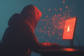 A hooded figure sitting at a computer with holographic cybersecurity symbols floating around, with copy space. Moody light. Techno-blue background. 