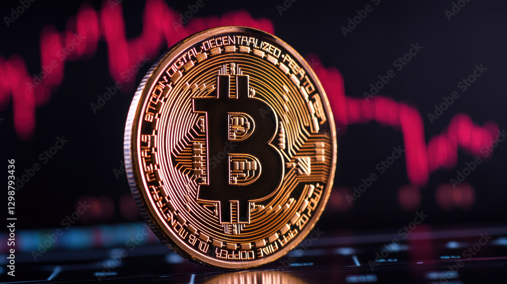 Poster bitcoin crash, crypto price drop sell-off. bitcoin coin displayed against a background of fluctuatin