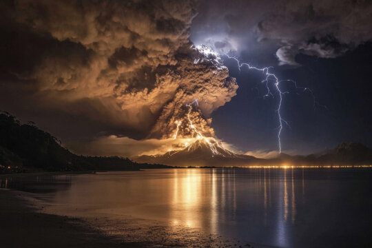 Lightning strikes erupting volcano over calbuco, chile, at night