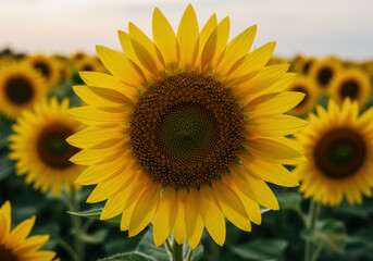 Obraz premium A vibrant sunflower stands tall in a golden field, basking in the warm sunlight of the day.
