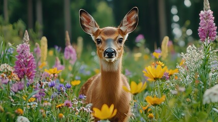 Adorable Fawn Among Vibrant Wildflowers in a Sunny Meadow Landscape
