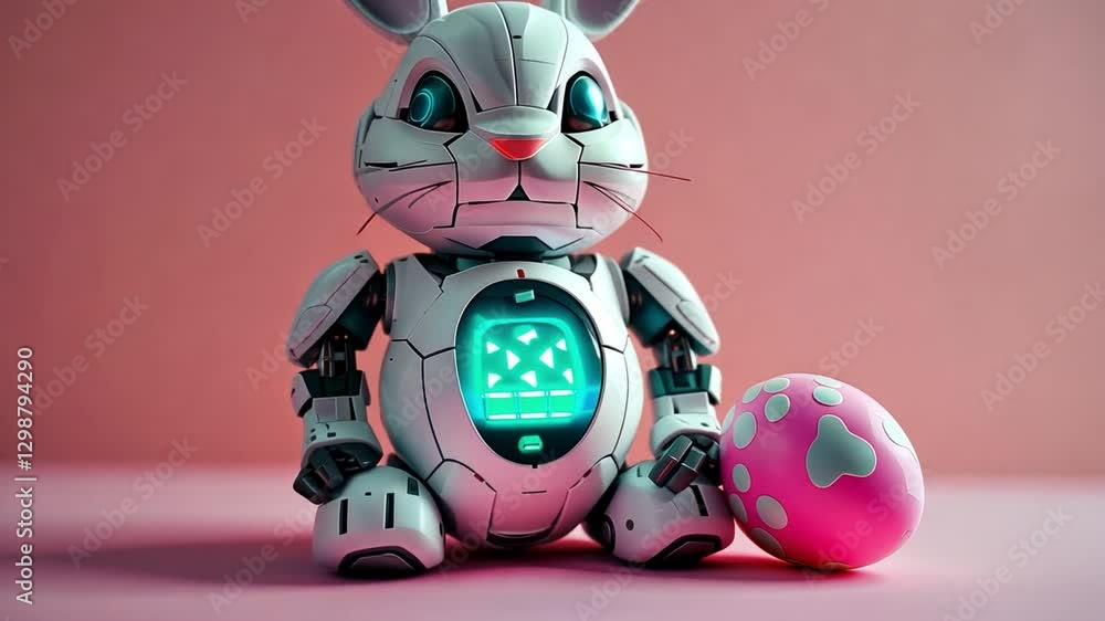 Poster digital rabbit robot celebrates easter with a colorful egg on a pastel backdrop