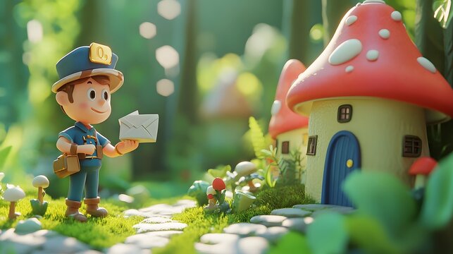 Cheerful Cartoon Mail Carrier Delivering Letter in Enchanted Forest