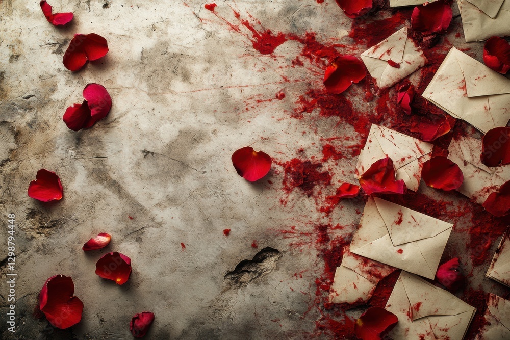 Aufkleber Red rose petals scattered around white envelopes on a weathered surface creating an artistic and romantic setting. Generative AI