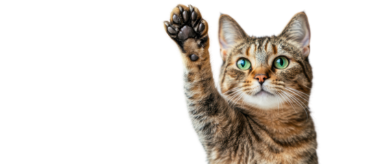 Cat raising paw isolated on white background, playful domestic pet, curious feline with green eyes, enjoying indoor life and interactions with owners.