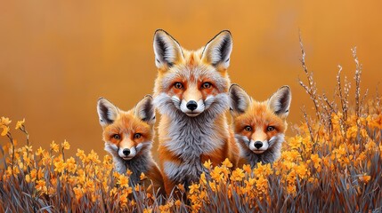 Family of Red Foxes in Autumn Landscape with Orange Flowers and Foliage