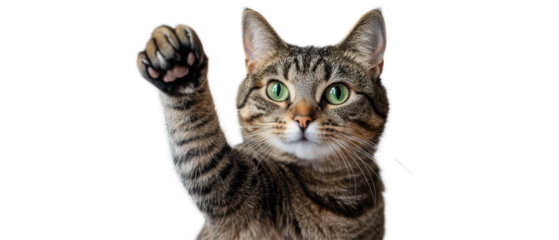 Cat raising paw isolated on white background, cute playful pet with green eyes, domestic feline, adorable animal looking at camera, fun and friendly.