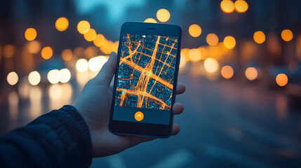 Smartphone displaying navigation app, helping users find directions, bright cityscape in the background, vector illustration