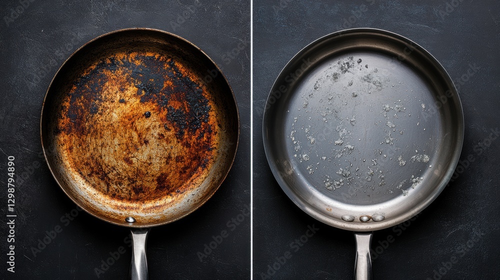 Poster Comparison of a rusty frying pan and a freshly cleaned frying pan side by side showing the difference in condition. Generative AI