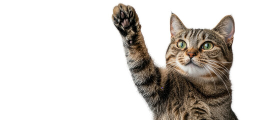 Obraz premium Cat reaching with paw isolated on white background, playful feline behavior, adorable domestic pet, curiosity expression, animal companion portrait.