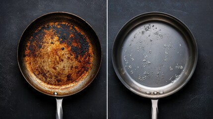 Comparison of a rusty frying pan and a freshly cleaned frying pan side by side showing the difference in condition. Generative AI