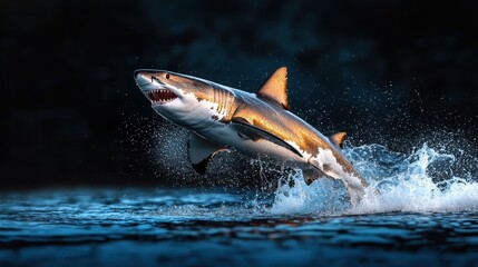 Fototapeta premium Majestic Great White Shark Breaching from Deep Blue Ocean Waters