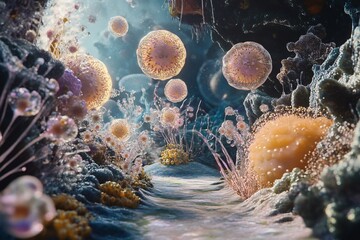 Vibrant digital art close-up of underwater microbial life and cellular diversity