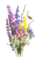 Wildflower bouquet with purple, yellow, and white blooms on isolated white background, perfect for spring decor, nature-themed designs, and floral arrangements.