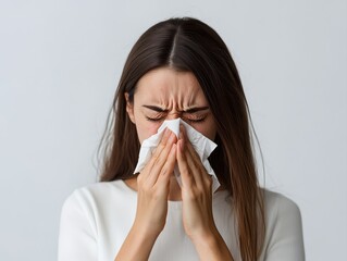 A woman is shown with a distressed expression, holding a tissue to her nose, indicating she is experiencing discomfort or illness.