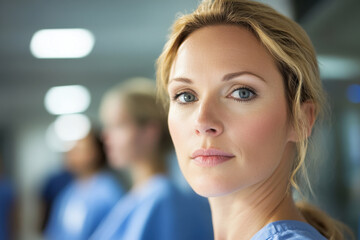 Fototapeta premium Portrait of confident female doctor leading medical team in hospital corridor
