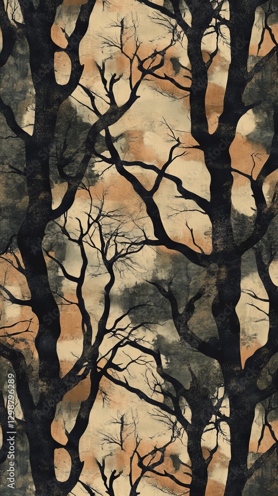 Poster camouflage pattern featuring dark trees against a textured background with earthy tones