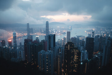 Obraz premium Hong kong skyline emerging from the clouds at dawn