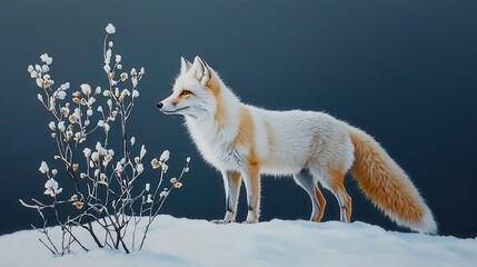 Fototapeta premium Majestic Arctic Fox Standing Near Snowy Blossoms in Winter Landscape