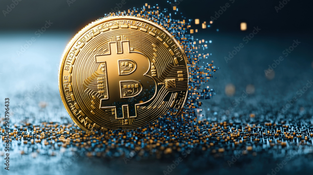 Poster bitcoin crash, crypto price drop sell-off. a golden bitcoin coin surrounded by a sparkling digital a